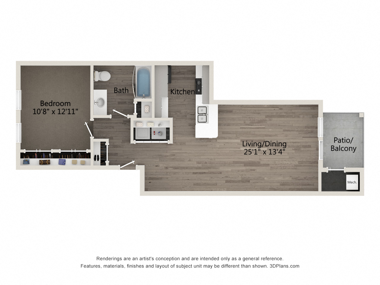 Floor plan for 1 bed, 1 bath, 699 sqft